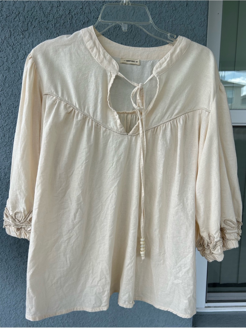 Marfinno Womens Cream Peasant Blouse Boho Tie Neck Rope Detail Puff Sleeve XL